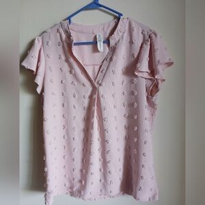 B Pink Clip Dot Short Puff Sleeve V Neck Womens Size L Blouse Solid Polka Dot